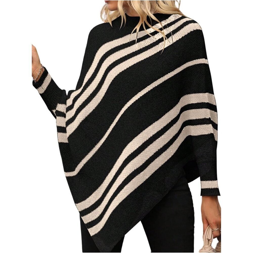 Women's Knitted Poncho Sweater Stripe Mock Neck Long Sleeve Loose Top